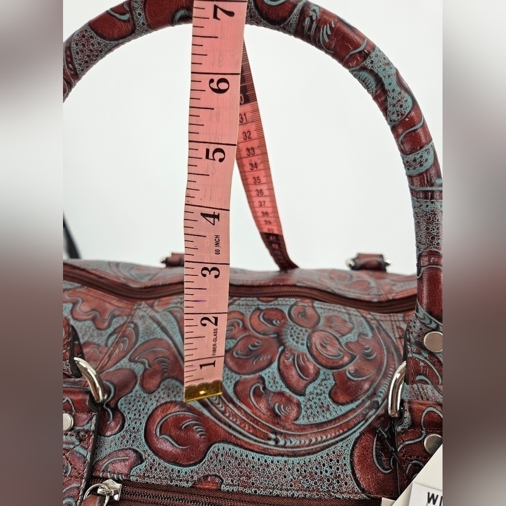 Wilson Leather Pelle Studio HAND TOOLDED Brown & Blue Leather Carry On Duffle - Picture 10 of 12